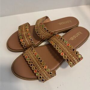 Kensie Tan Multicolor Studded Double-Strap Slide Sandals